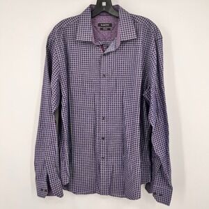Bugatchi Mens Purple Blue Houndstooth Shaped Fit Button Down Shirt XL